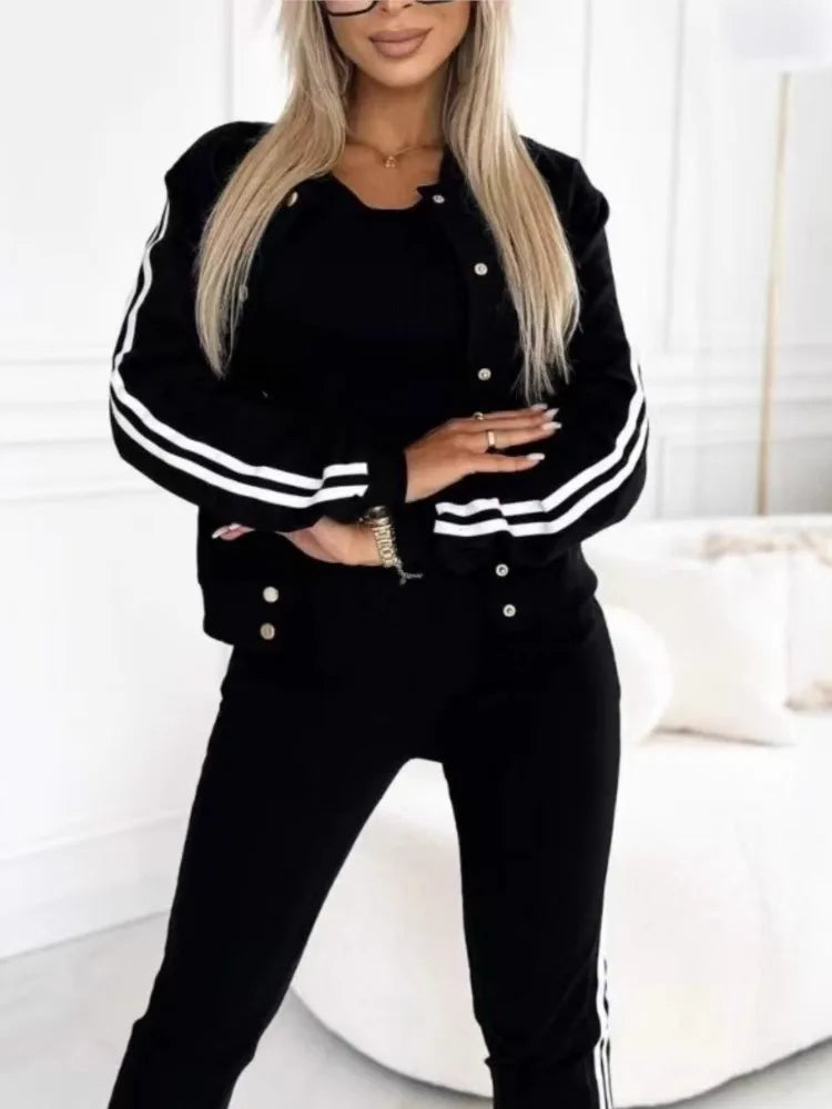 Autumn Winter Fashion Red Black Casual 3 Piece Sets Women O-neck Slim Tank Top + Button Long Sleeve Jacket And Pencil Pant Set