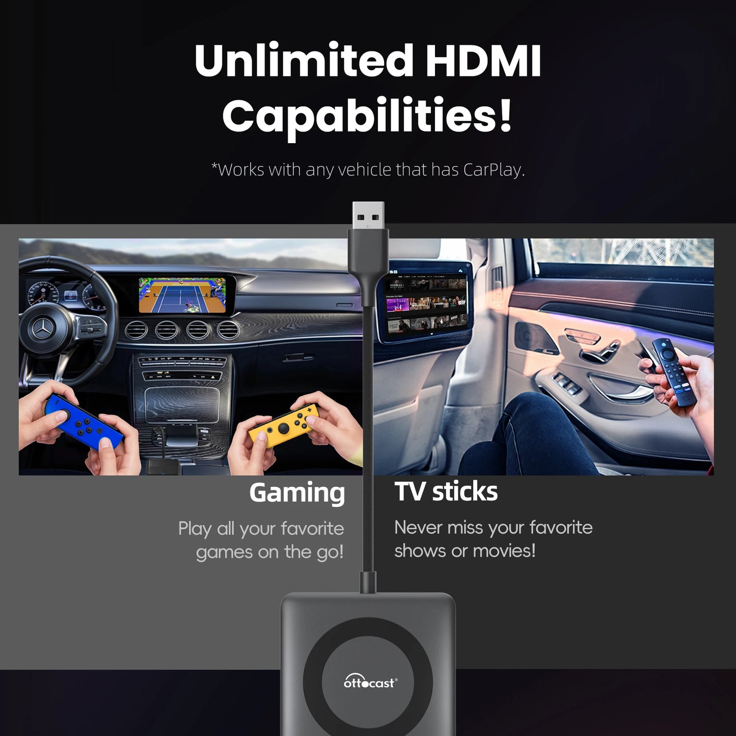 2024 Wireless CarPlay Adapter OTTOCAST Car TV Mate C3 Multimedia Adapter Video Converter for HDMI for TV Sticks Game Consoles
