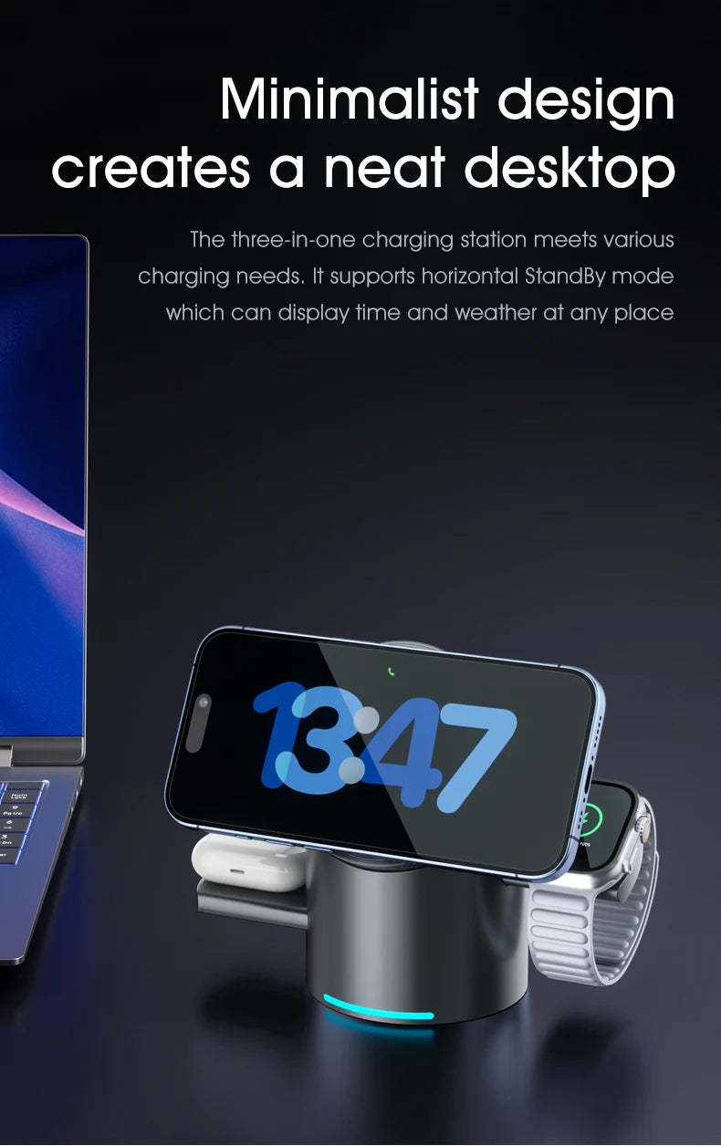 Touch Rotate Qi2 Magnetic 3-in-1 Wireless Charger 15W Fast Charging Station for iPhone 13 14 15 16 Series Apple Watch AirPods