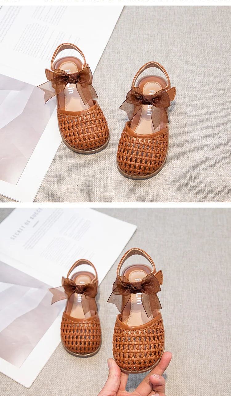 Braided Sandal for Girl Princess Summer Shoe Child Soft Sole Close Toed Butterfly Beach Shoe Kids Casual Shoe Beige Brown Silver