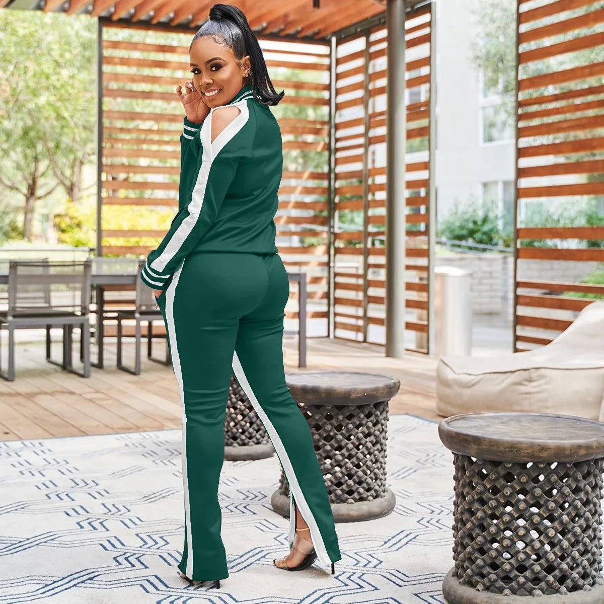 Women Pant Sets Tracksuit Zippers Jackets Striped Stand Collar Coats Pencil Pants Two Pieces Set Sports Casual Patchwork
