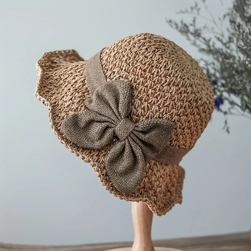 1pc/2pcs Elegant Sun Hat - Hand Woven with Vintage Ruffles and Bow, Foldable Travel Beach Hat