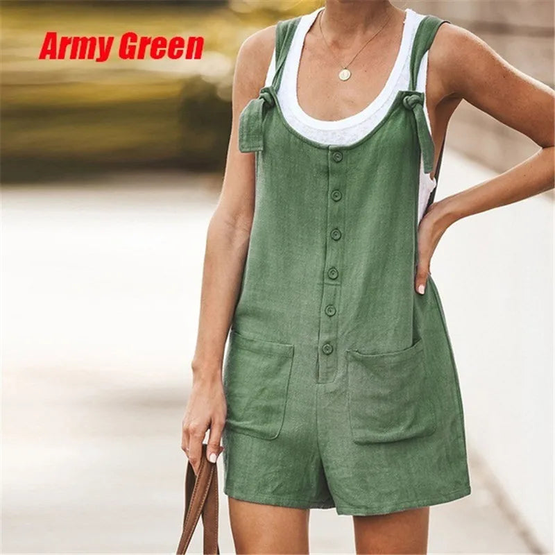 Summer Women's Solid Round Neck Pocket Loose Jumpsuit Shorts Bodys Mujer Black Romper Clothes Y2k 2024 Bodysuit Negro