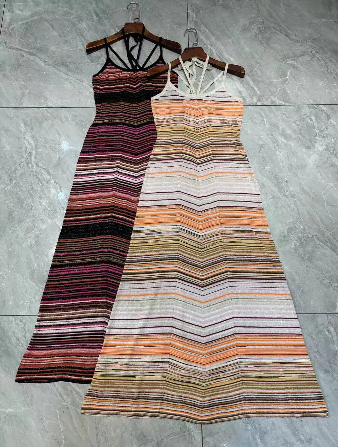 Women Stripe Sleeveless Metallic Sequined Thin Strap Hanging Neck Slim Maxi Long Knitted Dress