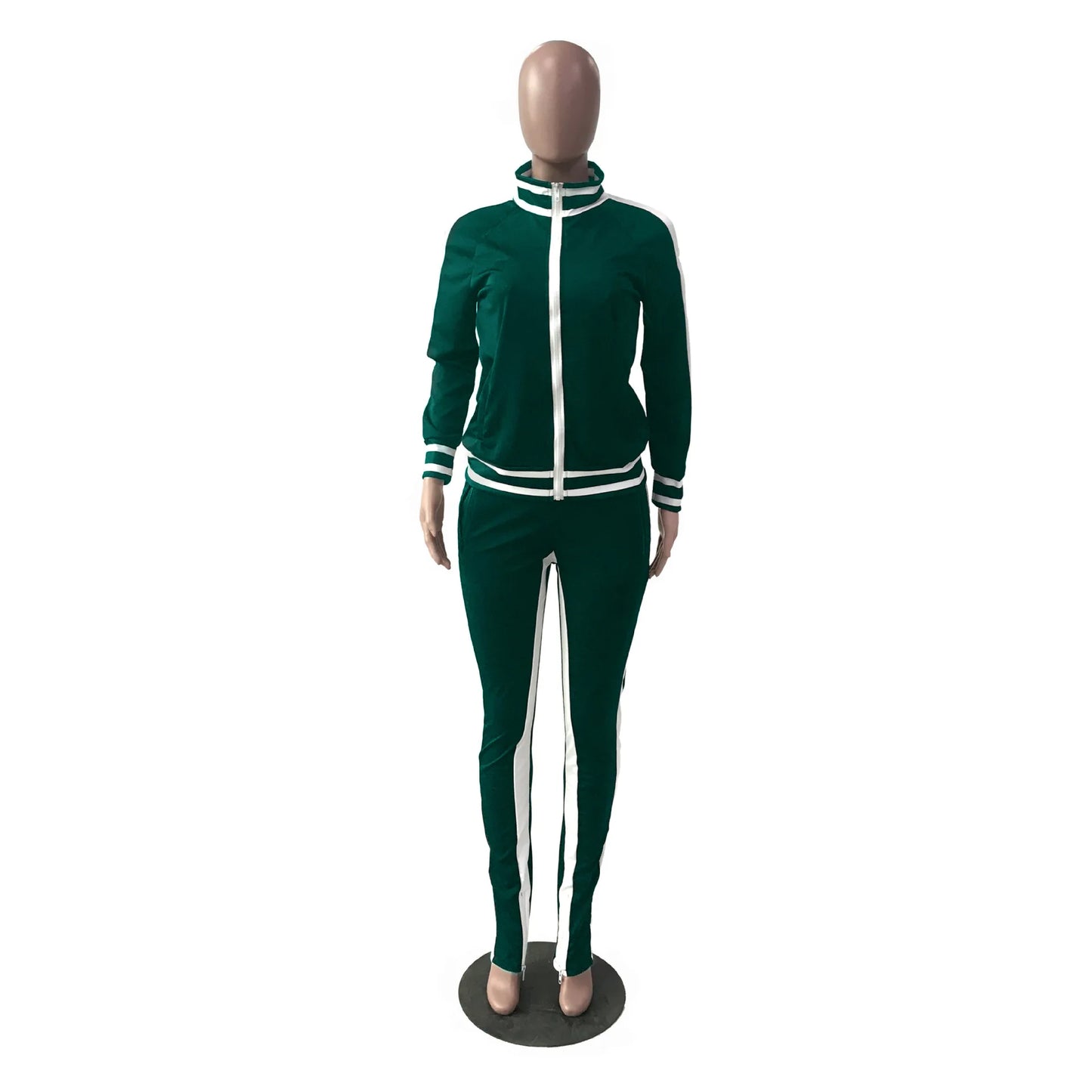 Women Pant Sets Tracksuit Zippers Jackets Striped Stand Collar Coats Pencil Pants Two Pieces Set Sports Casual Patchwork