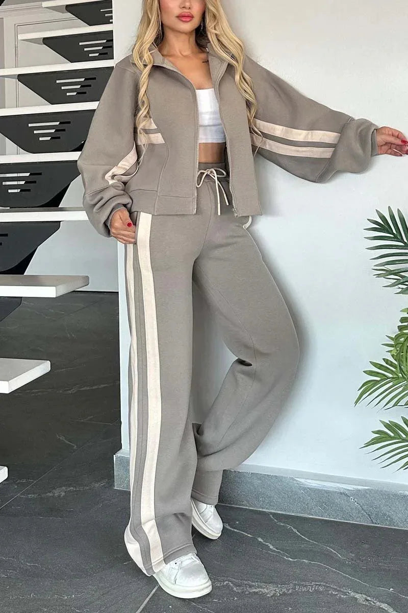 Two Piece Set Women Fashion Striped Print Lapel Zipper Coat High Waist Pants Outfit Autumn Winter Long Sleeve Suit Tracksuit