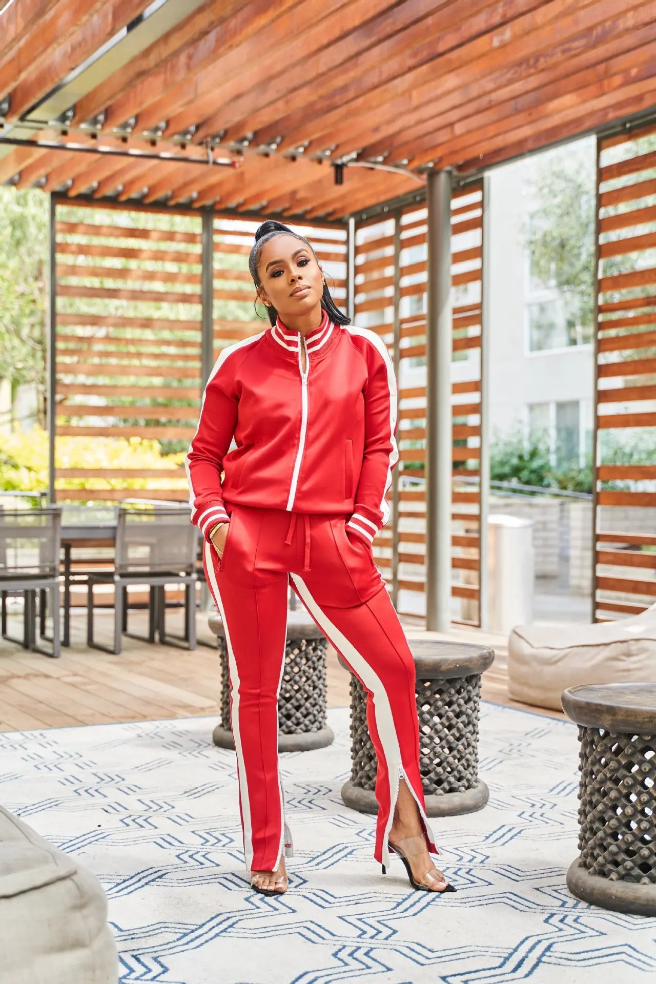 Women Pant Sets Tracksuit Zippers Jackets Striped Stand Collar Coats Pencil Pants Two Pieces Set Sports Casual Patchwork