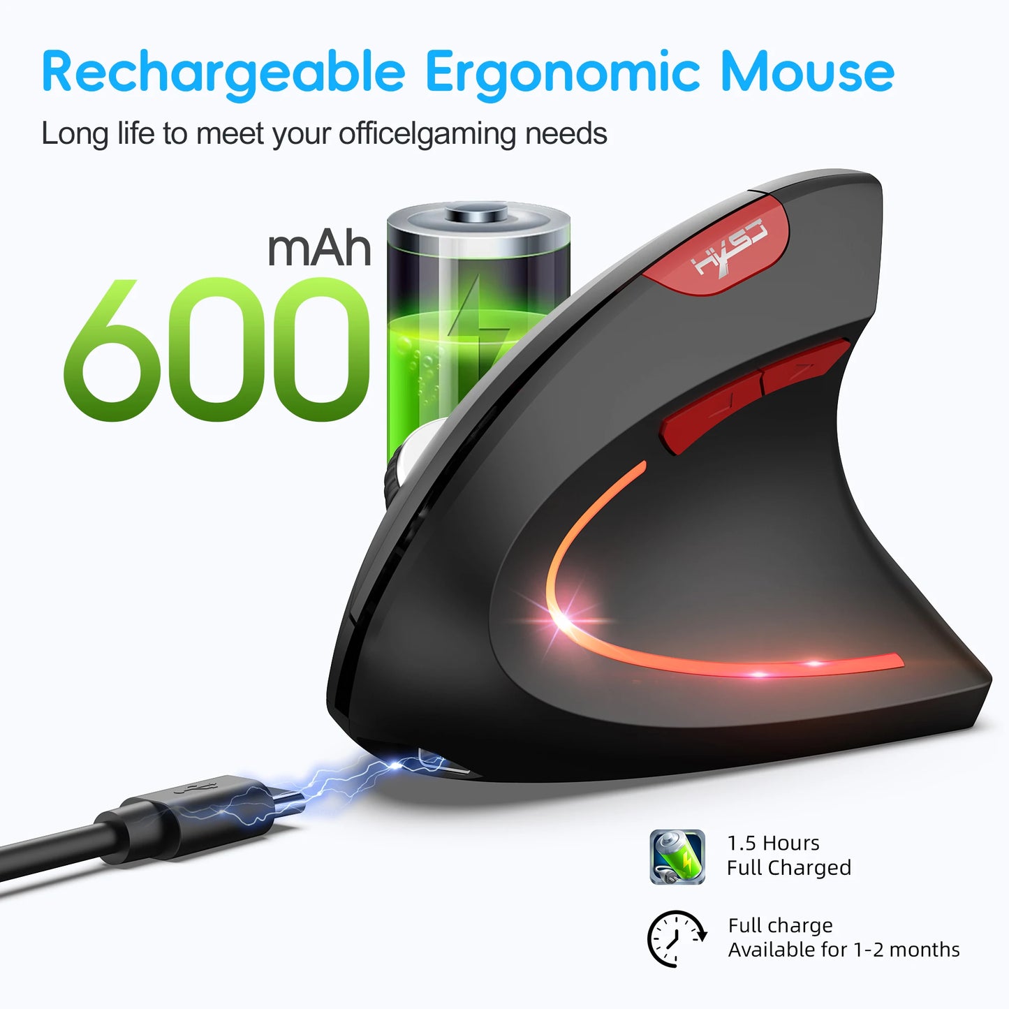 2025 New arrival HXSJ dual mode vertical mouse ergonomic ABS 600mAh rechargeable 2400DPI Type-c interface wireless mouse for pc