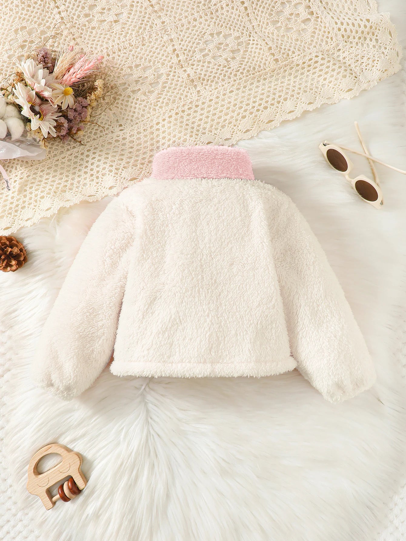 2-8 Years Kids Girl Plush Overcoat Long Sleeves Lapel Zippered Coat for Winter Outdoor Wear Fashion Color Blocking Warm Top