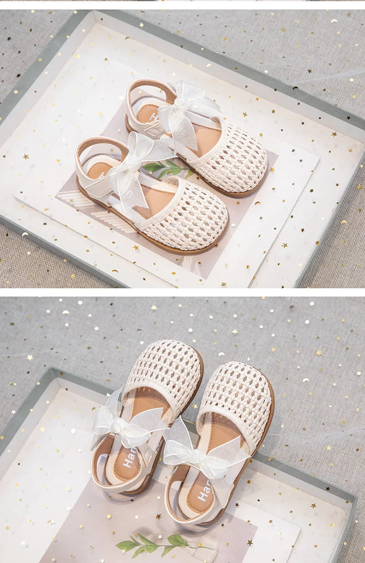 Braided Sandal for Girl Princess Summer Shoe Child Soft Sole Close Toed Butterfly Beach Shoe Kids Casual Shoe Beige Brown Silver