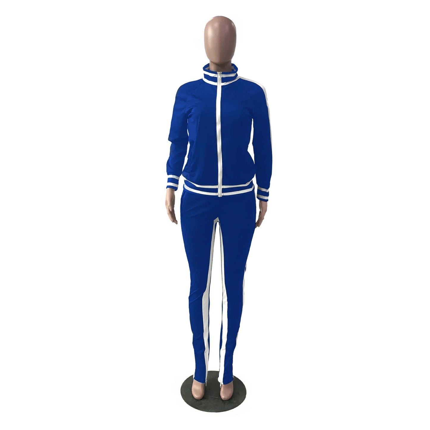 Women Pant Sets Tracksuit Zippers Jackets Striped Stand Collar Coats Pencil Pants Two Pieces Set Sports Casual Patchwork