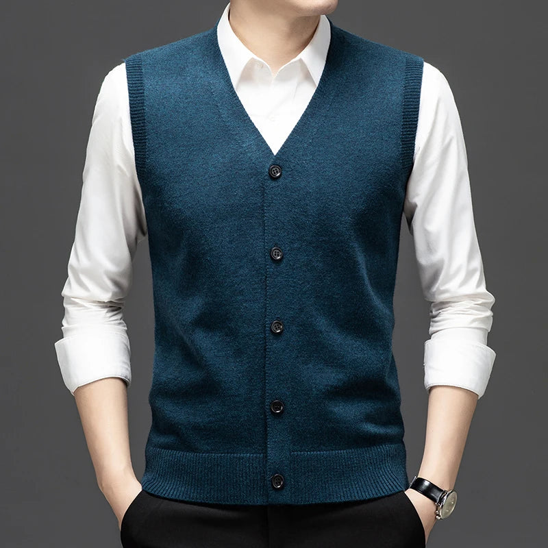 Sweaters Vests for Men Fashion Luxury Single Breasted Pullover Autumn Sleeveless Men Work Sweater Knitted Male Waistcoat Jumper