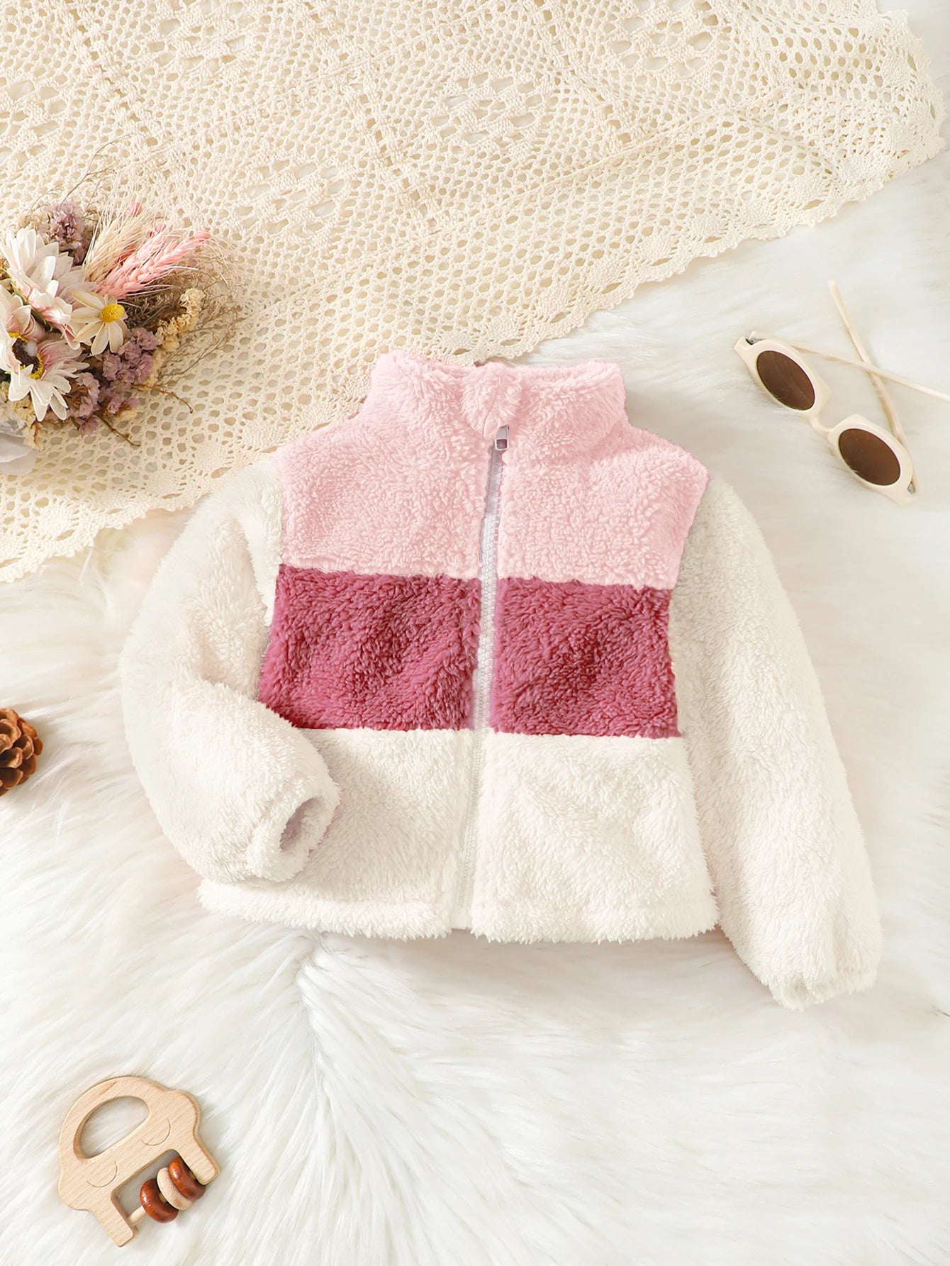 2-8 Years Kids Girl Plush Overcoat Long Sleeves Lapel Zippered Coat for Winter Outdoor Wear Fashion Color Blocking Warm Top