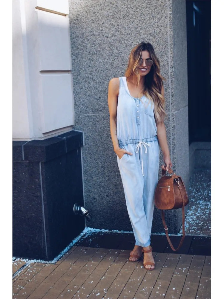 Summer Denim Jumpsuit For Women 2025 Fashion Sleeveless Button Vest Slim Drawstring Pant Jumpsuits High Street Women's Clothing