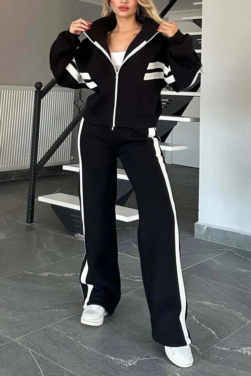 Two Piece Set Women Fashion Striped Print Lapel Zipper Coat High Waist Pants Outfit Autumn Winter Long Sleeve Suit Tracksuit