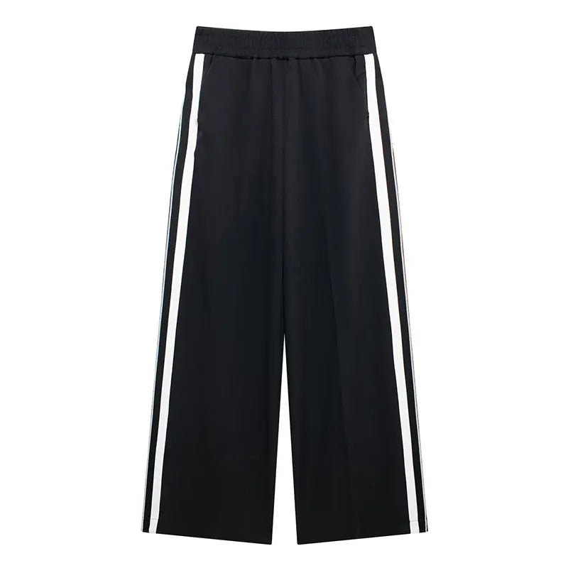TRAFZA 2024 New Women Casual Black Trousers Suits Sports Short Jacket + Female Vinatge Black White Patchwork Baggy Pants Street
