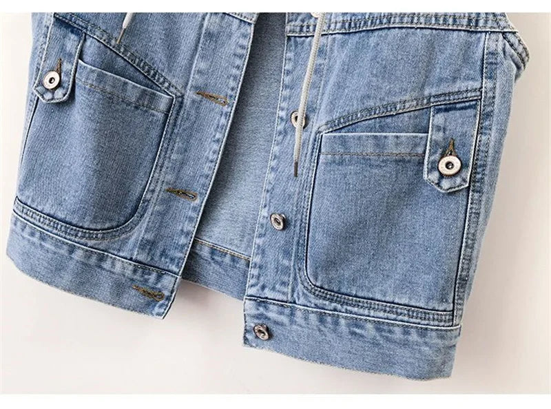 New Women Denim Vest Jackets Spring Autumn Pocket Hooded Short Jean Waistcoat Sleeveless Jacket Outerwear Female Casual Top 5XL