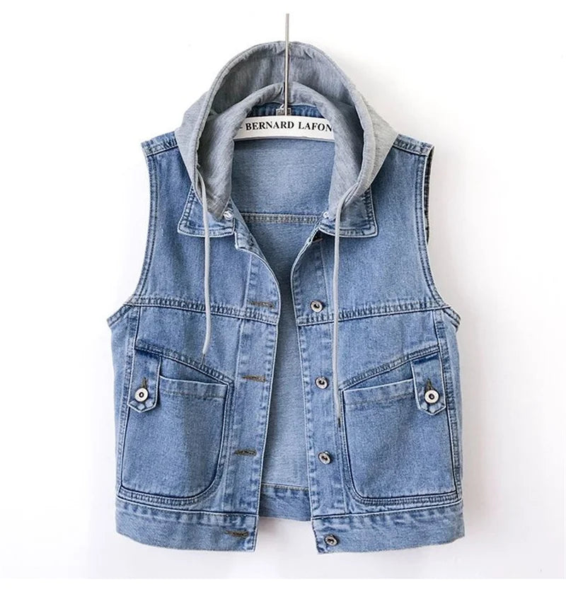 New Women Denim Vest Jackets Spring Autumn Pocket Hooded Short Jean Waistcoat Sleeveless Jacket Outerwear Female Casual Top 5XL