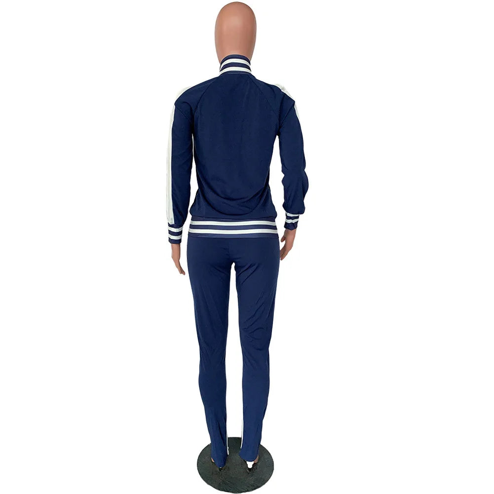 Women Pant Sets Tracksuit Zippers Jackets Striped Stand Collar Coats Pencil Pants Two Pieces Set Sports Casual Patchwork