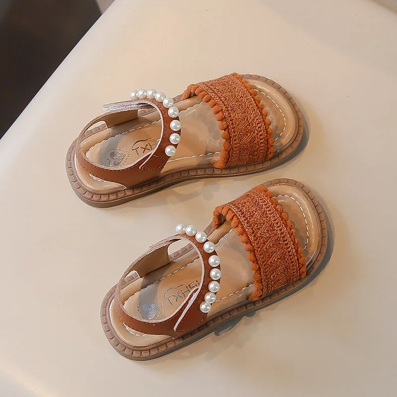 Unishuni Girls Sandals Princess One-Strap Summer Shoes Child Soft Skin-Friendly Cloth Sandal Kids Lace Pearl Bohemia Beach Flats