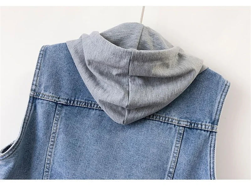 New Women Denim Vest Jackets Spring Autumn Pocket Hooded Short Jean Waistcoat Sleeveless Jacket Outerwear Female Casual Top 5XL