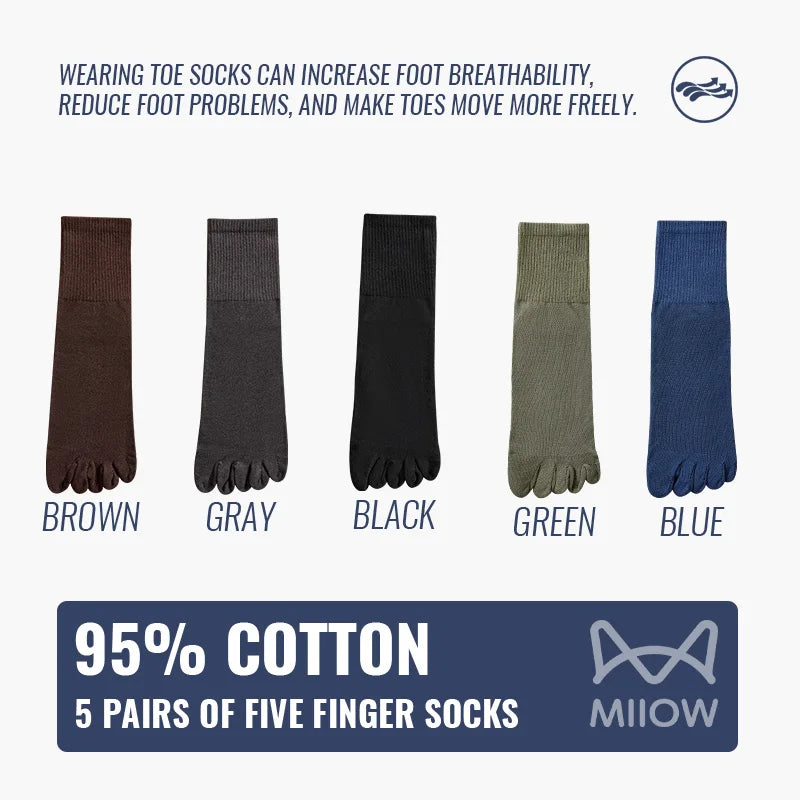 MiiOW 5Pairs Men Five Finger Long Socks Set Lycra Band Deodorant Antibacterial Sports Split Toe Stocking Causal Pure Cotton Sock