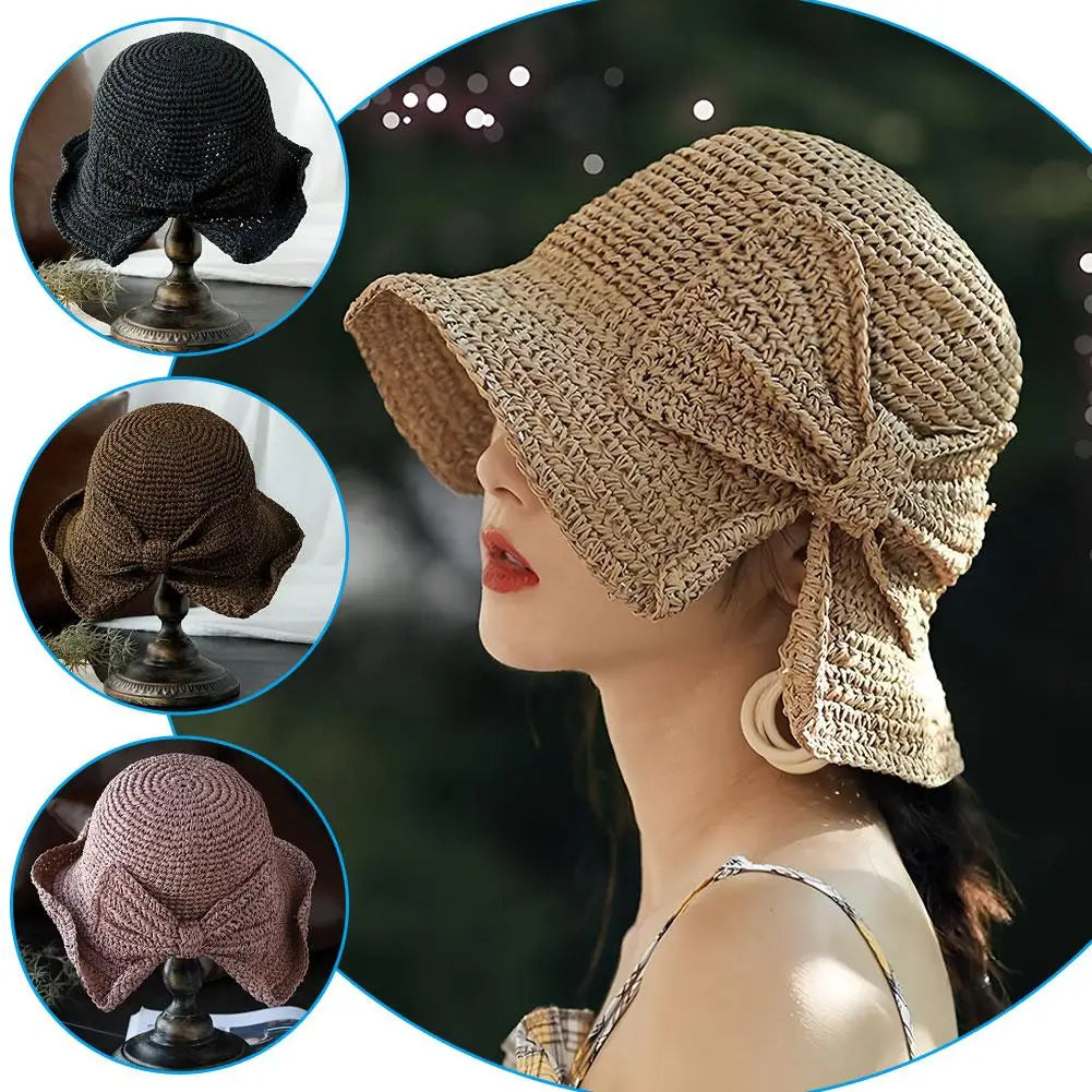 Women's Foldable Straw Sun Hat with Bow Wide Brim Beach Hat for Summer Lightweight Breathable Day Style Sun Protection