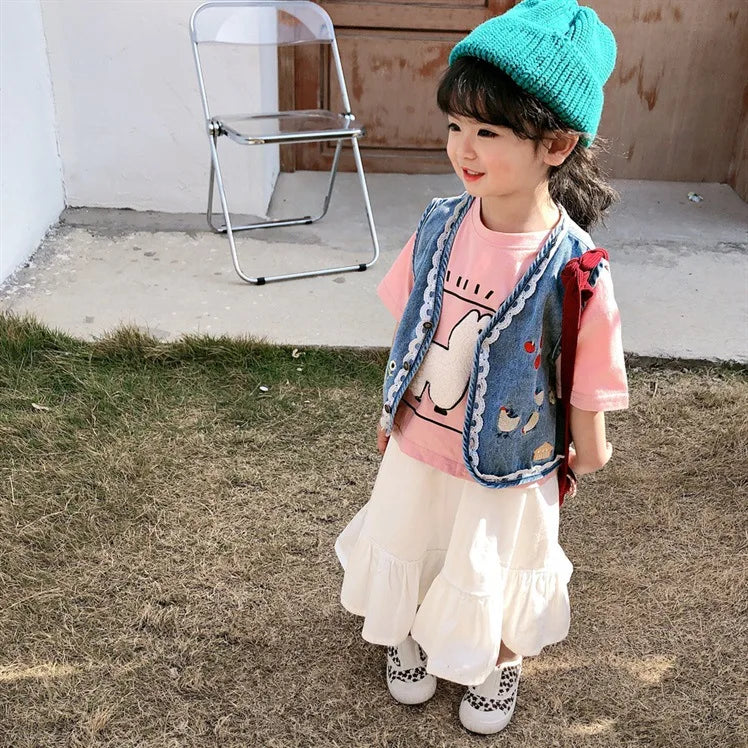 Baby and Girls Sweet Embroidered Work Single-Breasted Denim Vest Jackets School Kids Waistcoat Child Outfit Tops For 1-10 Yr