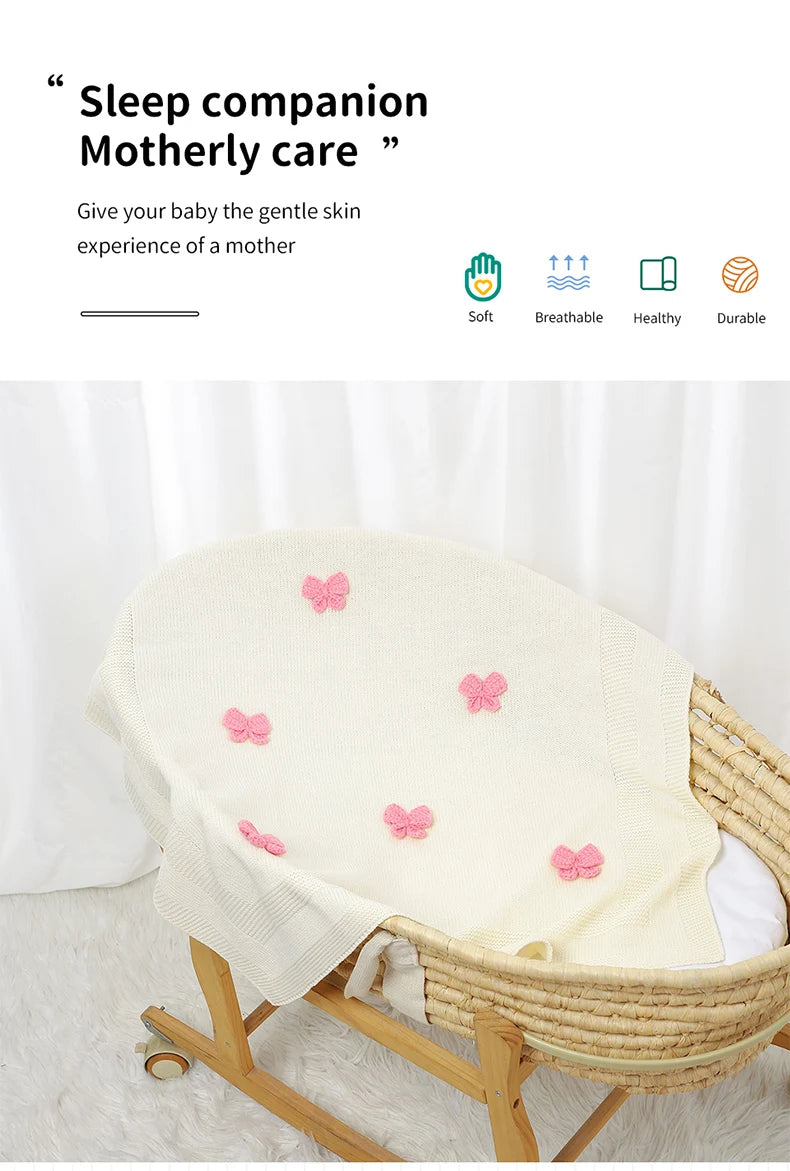 Baby Blankets Knit Newborn Boy Girl Bedding Quilt 90*70CM Infant Stroller Swaddle Wrap Super Soft Fashion Cute 3D Bows Sleepsack