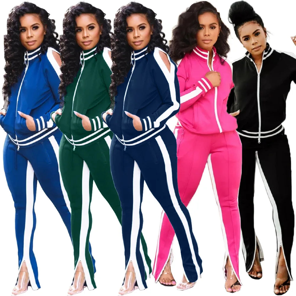 Women Pant Sets Tracksuit Zippers Jackets Striped Stand Collar Coats Pencil Pants Two Pieces Set Sports Casual Patchwork