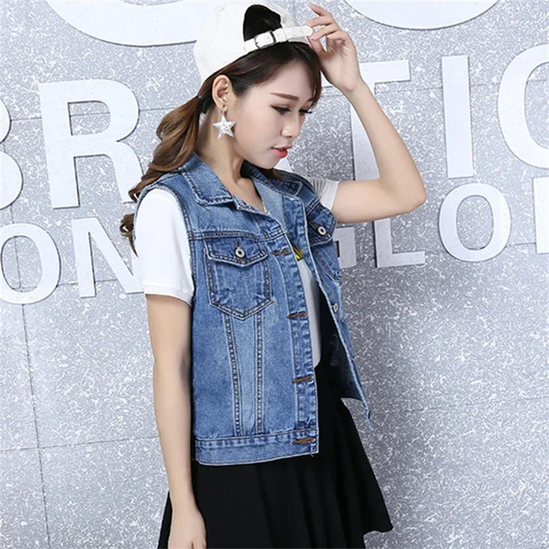 2024 New Vintage Hole Sleeveless Jean Waistcoat Short Jacket Female Outerwear 4XL 5XL 6XL Spring Autumn Denim Vest Women Clothes