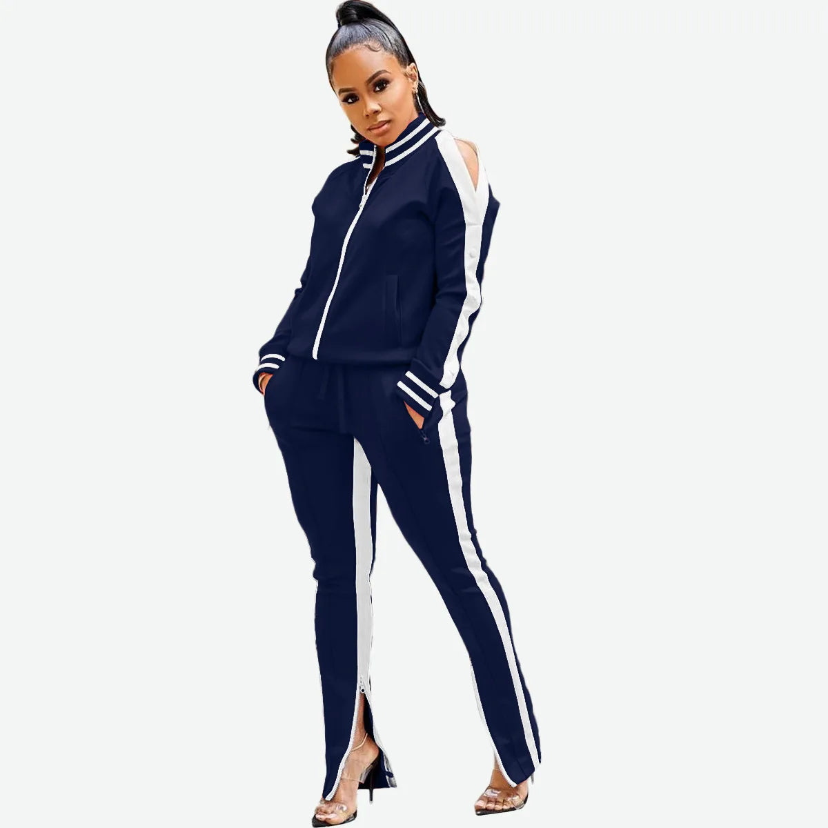 Women Pant Sets Tracksuit Zippers Jackets Striped Stand Collar Coats Pencil Pants Two Pieces Set Sports Casual Patchwork