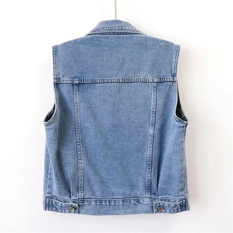 New Women Denim Vest Jackets Spring Autumn Pocket Hooded Short Jean Waistcoat Sleeveless Jacket Outerwear Female Casual Top 5XL