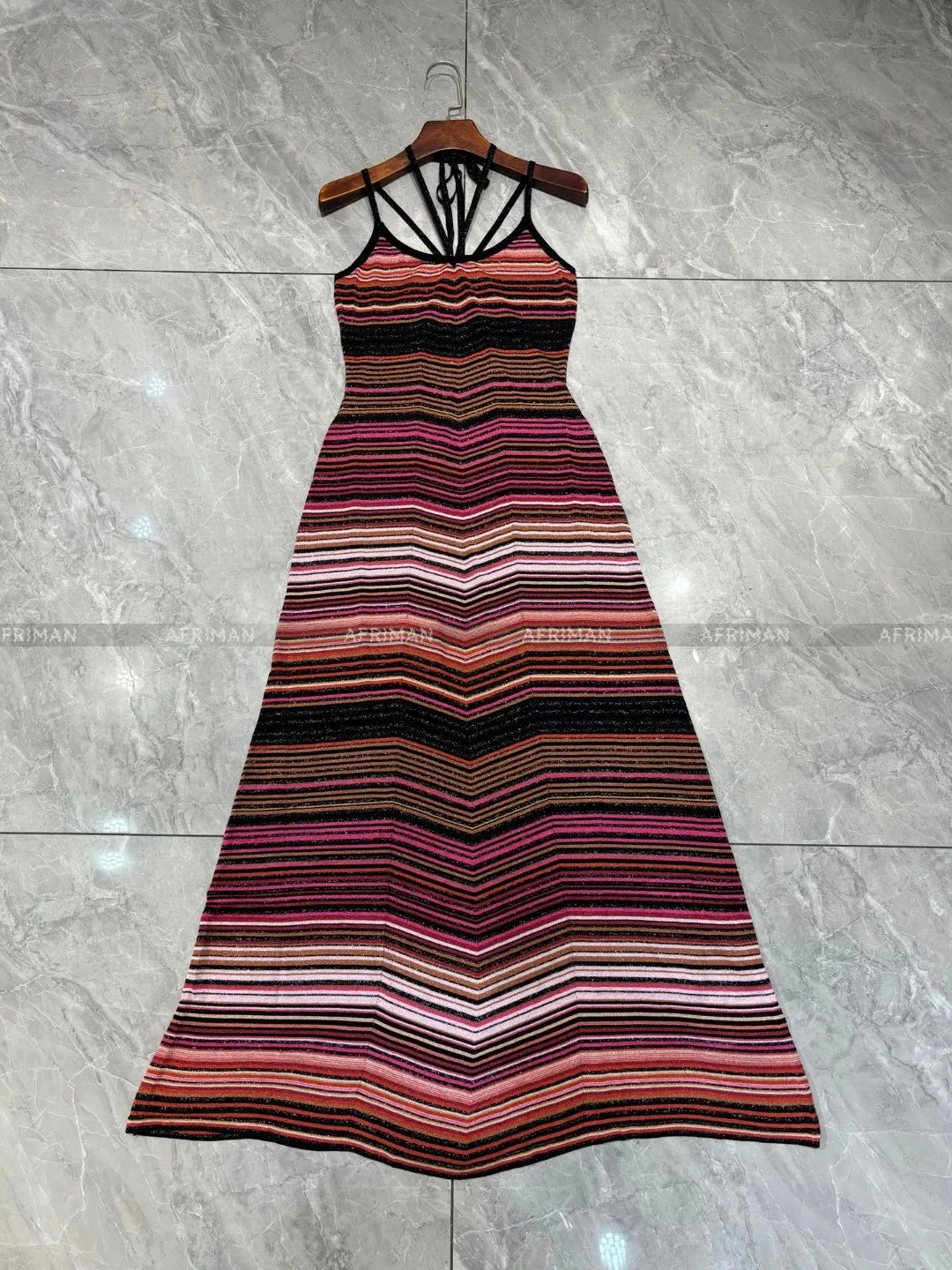 Women Stripe Sleeveless Metallic Sequined Thin Strap Hanging Neck Slim Maxi Long Knitted Dress