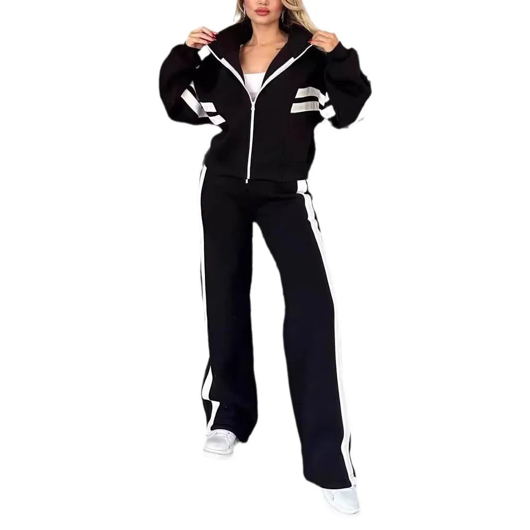 Two Piece Set Women Fashion Striped Print Lapel Zipper Coat High Waist Pants Outfit Autumn Winter Long Sleeve Suit Tracksuit