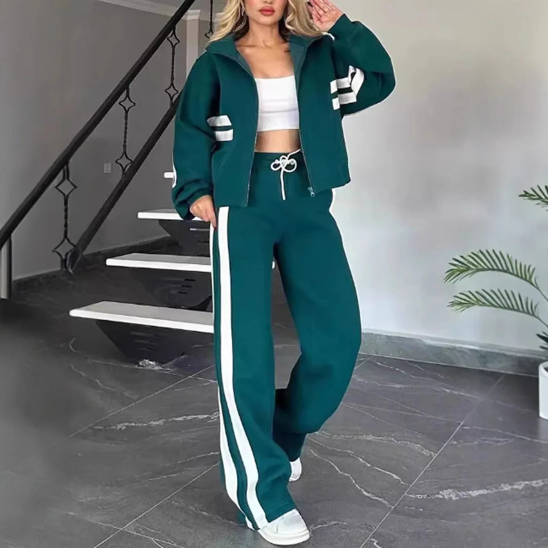 Two Piece Set Women Fashion Striped Print Lapel Zipper Coat High Waist Pants Outfit Autumn Winter Long Sleeve Suit Tracksuit