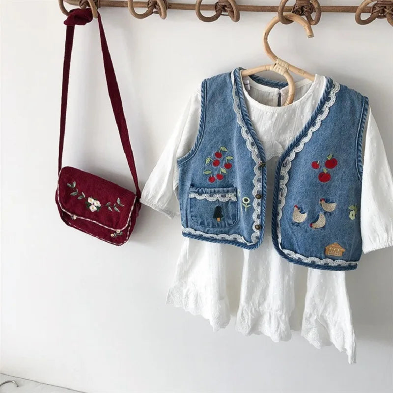 Baby and Girls Sweet Embroidered Work Single-Breasted Denim Vest Jackets School Kids Waistcoat Child Outfit Tops For 1-10 Yr