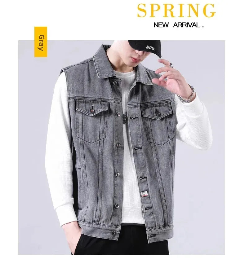 American Style Casual Men's Denim Jacket Loose Cool Retro Workwear Jacket Versatile Leisure Vest for Spring And Autumn