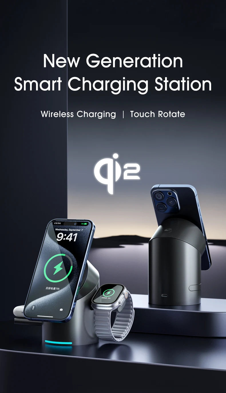 Touch Rotate Qi2 Magnetic 3-in-1 Wireless Charger 15W Fast Charging Station for iPhone 13 14 15 16 Series Apple Watch AirPods
