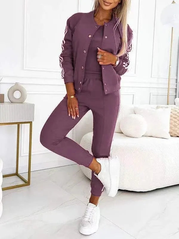 Autumn Winter Fashion Red Black Casual 3 Piece Sets Women O-neck Slim Tank Top + Button Long Sleeve Jacket And Pencil Pant Set