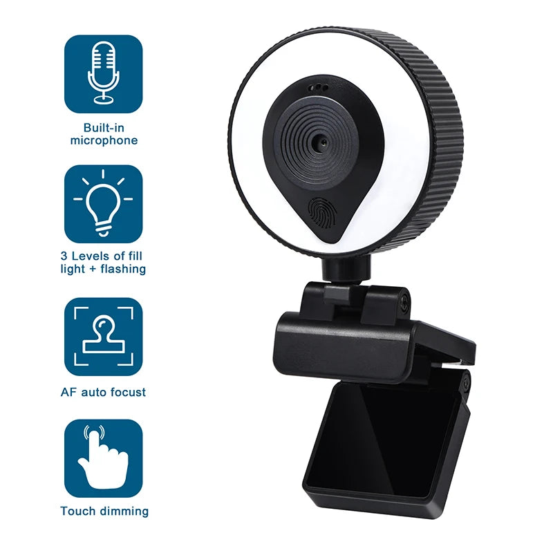 HD 13MP1080P 2K 4K Webcam PC Laptop Auto Focus Webcam Live Streaming Flexible with Microphone Live Broadcast withLight 3840x2160