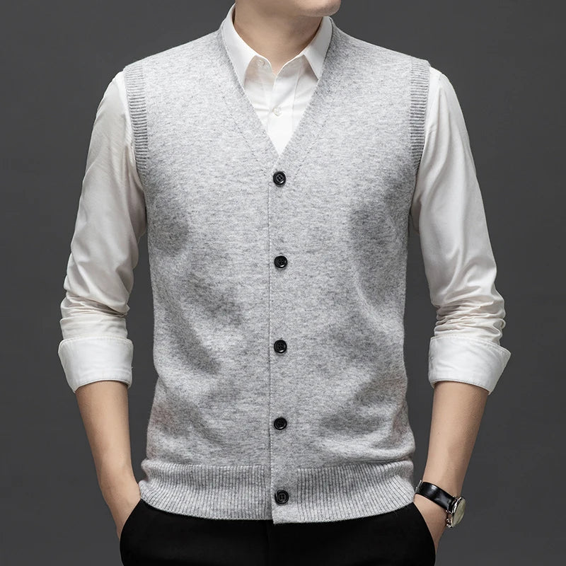 Sweaters Vests for Men Fashion Luxury Single Breasted Pullover Autumn Sleeveless Men Work Sweater Knitted Male Waistcoat Jumper