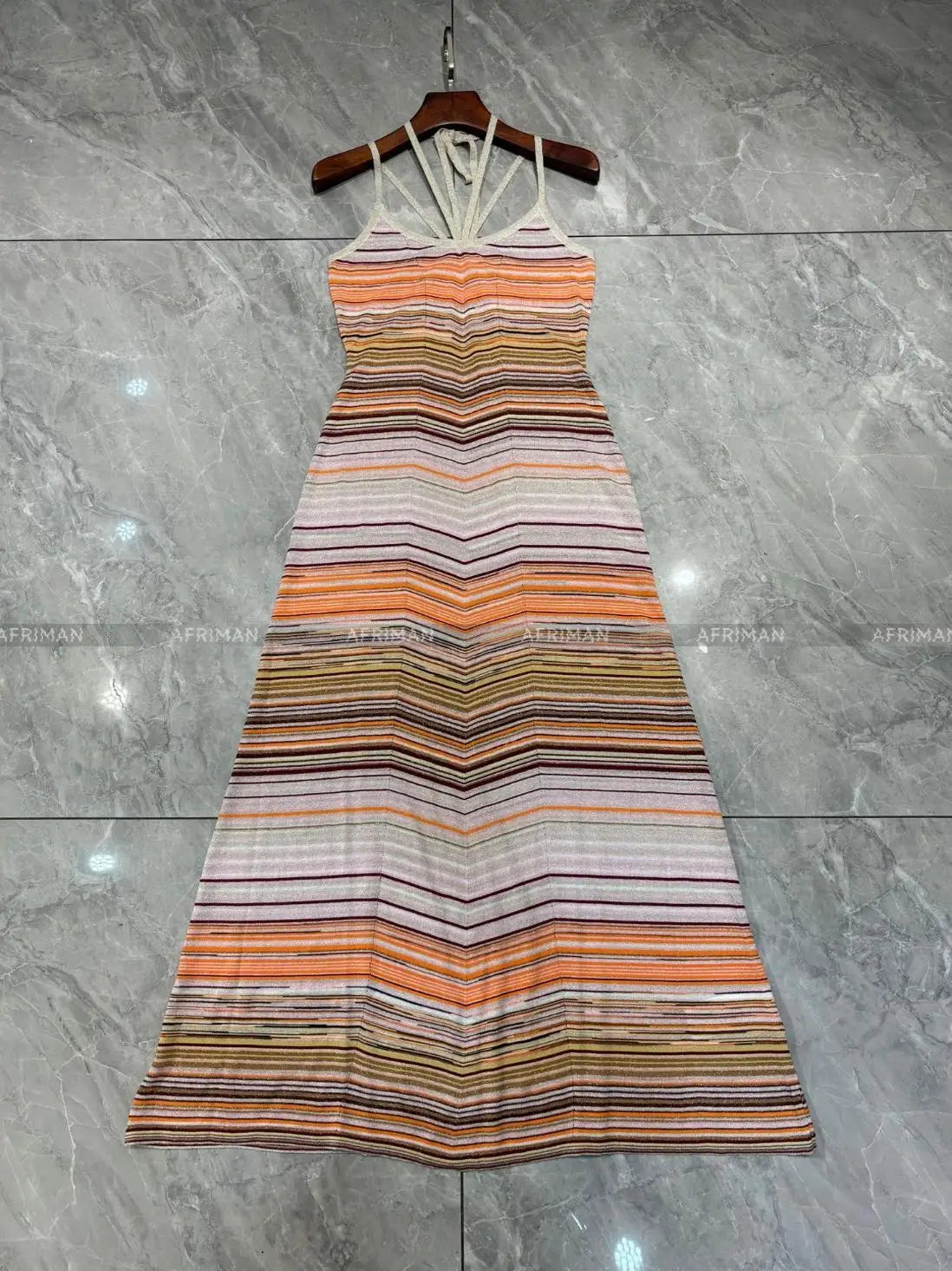 Women Stripe Sleeveless Metallic Sequined Thin Strap Hanging Neck Slim Maxi Long Knitted Dress