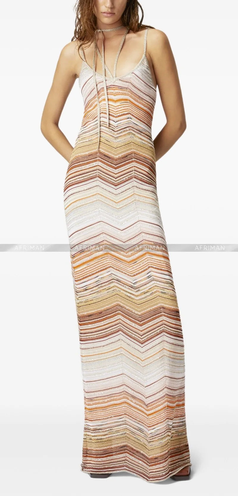 Women Stripe Sleeveless Metallic Sequined Thin Strap Hanging Neck Slim Maxi Long Knitted Dress