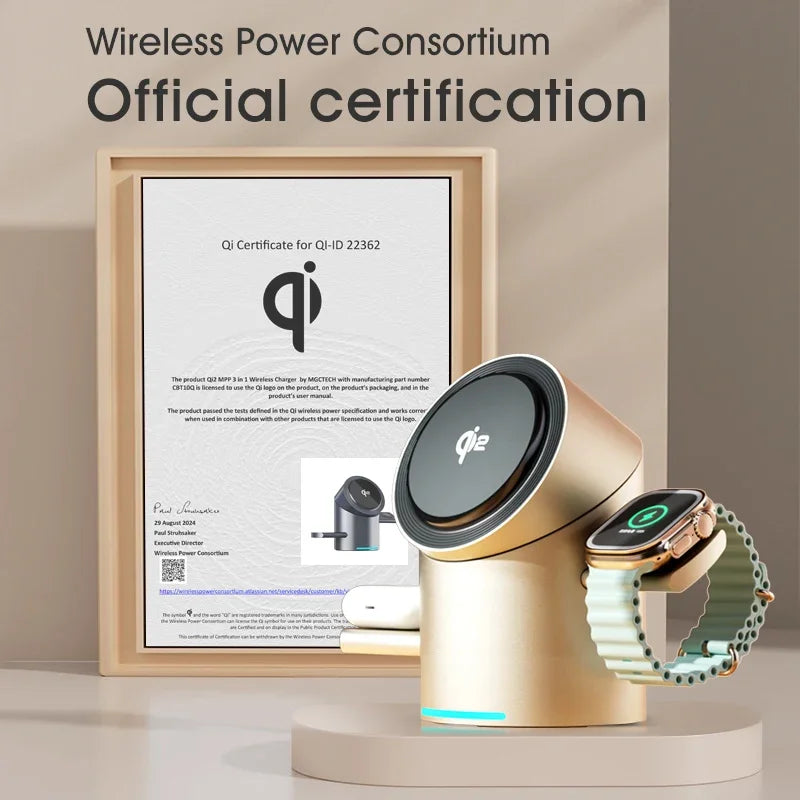 Touch Rotate Qi2 Magnetic 3-in-1 Wireless Charger 15W Fast Charging Station for iPhone 13 14 15 16 Series Apple Watch AirPods