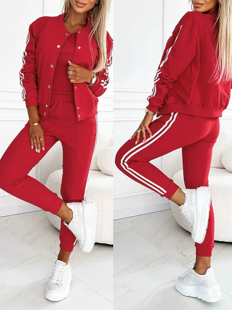Autumn 3 Piece Tracksuit Outfit Set Striped Tape Patch Button Front Jacket Cuffed Pants Tank Top with Pockets for Casual Wear