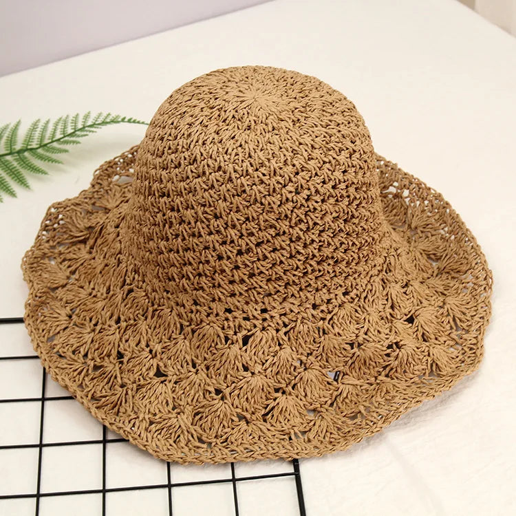 Women Raffia Straw Hat Summer Handmade Floppy Ladies Visor Hat Foldable Panama Beach Anti-UV Sun Hat
