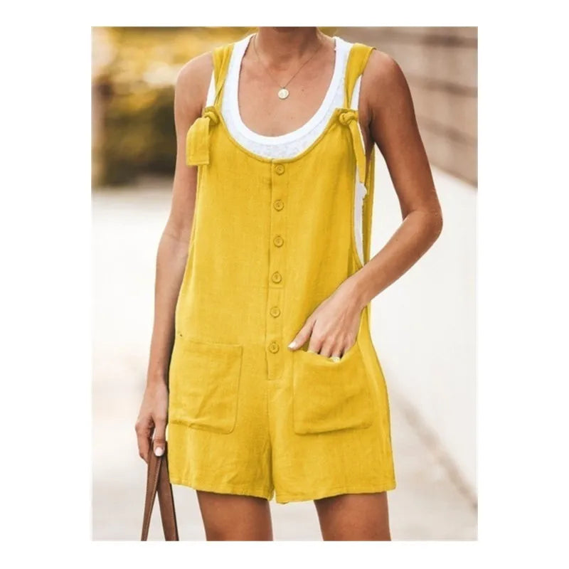 Summer Women's Solid Round Neck Pocket Loose Jumpsuit Shorts Bodys Mujer Black Romper Clothes Y2k 2024 Bodysuit Negro