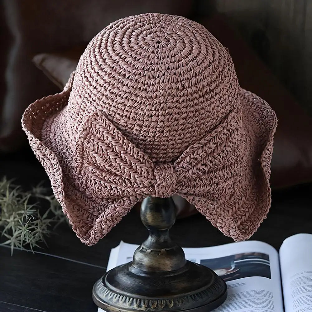 Women's Foldable Straw Sun Hat with Bow Wide Brim Beach Hat for Summer Lightweight Breathable Day Style Sun Protection