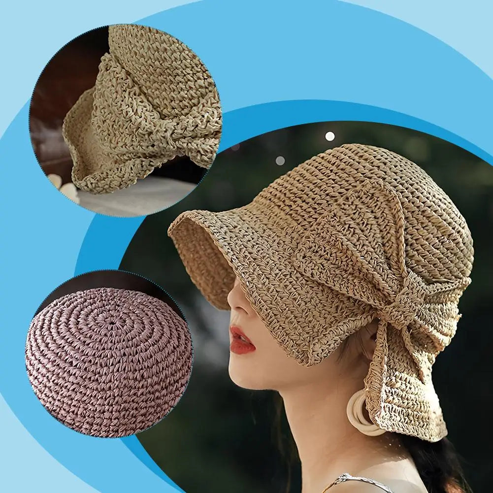 Women's Foldable Straw Sun Hat with Bow Wide Brim Beach Hat for Summer Lightweight Breathable Day Style Sun Protection